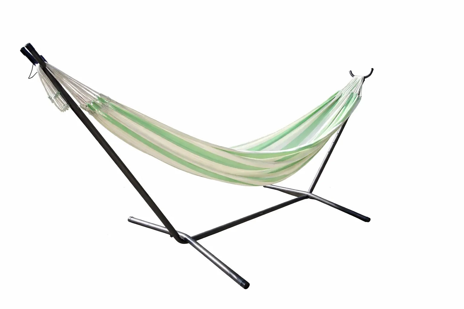 Green and white striped hammock on a black stand against a white background 20193+75121