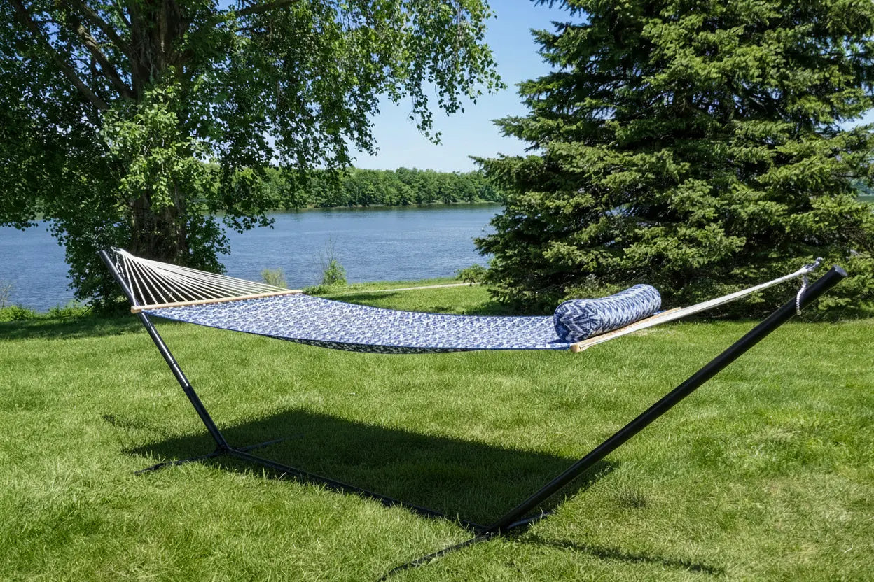 Hammock with stand on grass near a lake and trees  QHD-BWP+15TBSB