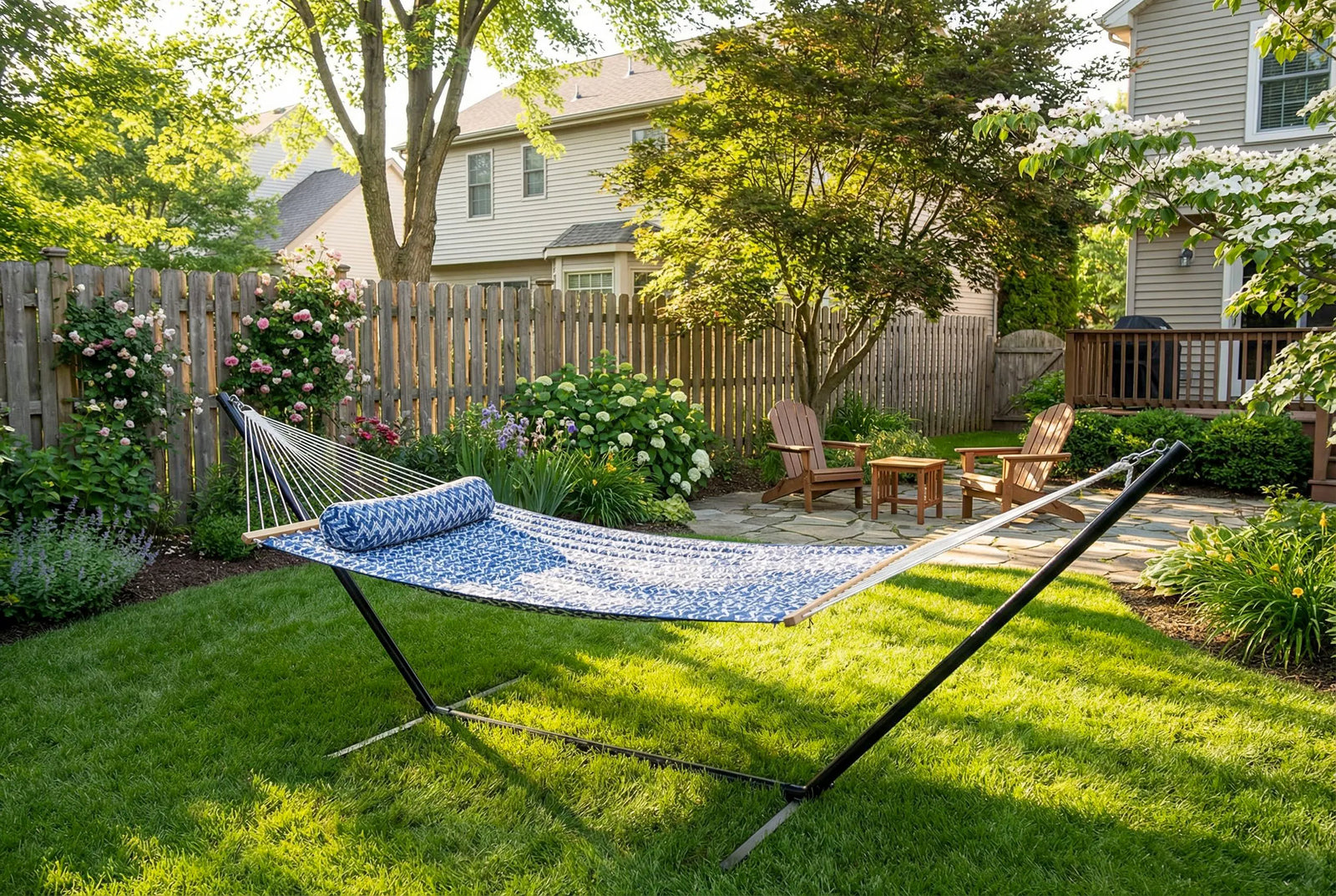 Hammock with stand on a grassy lawn in a backyard setting  QHD-BWP+15TBSB