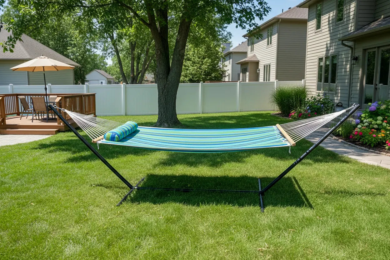 Hammock with stand on a grassy backyard with a tree and house in the background  QHD-CAROLINA+15TBSB