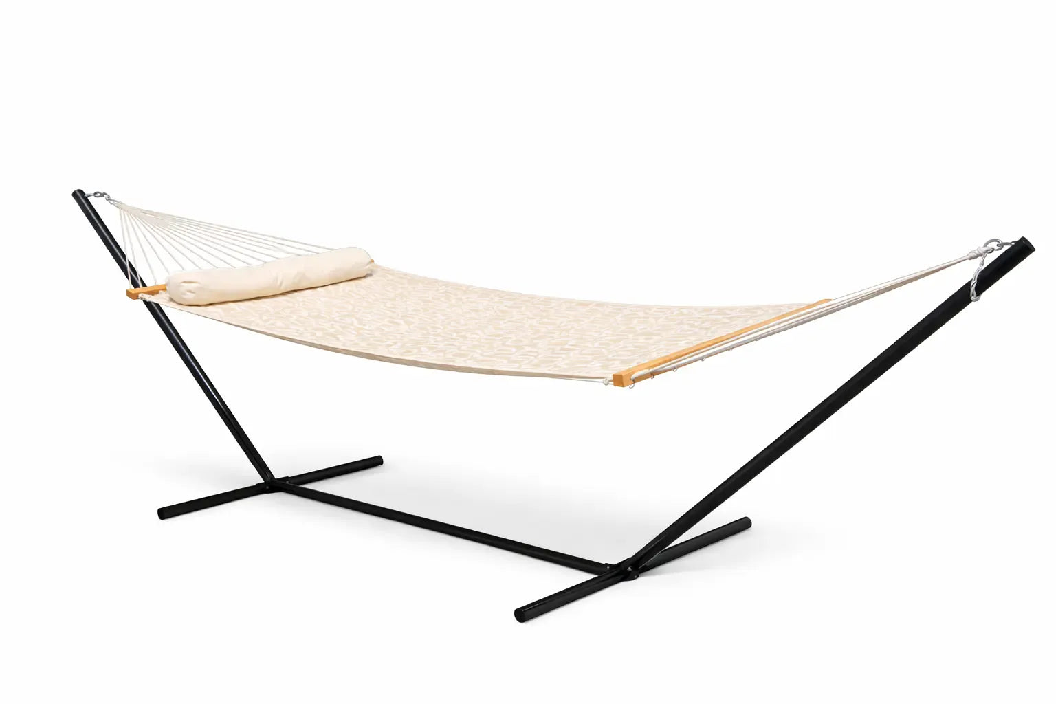 Beige hammock on a black metal stand against a white background QHD-COUNTRY+15TBSB