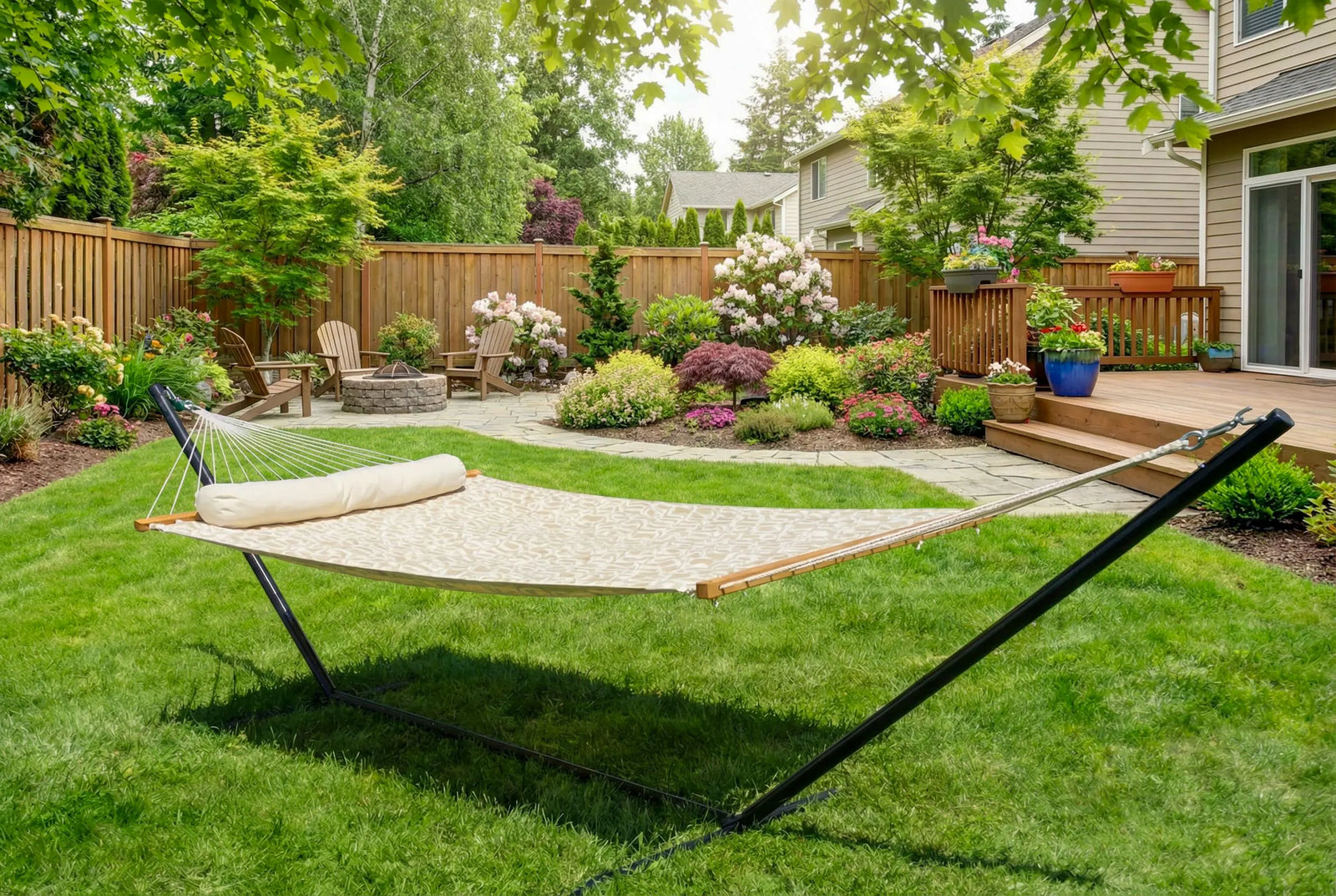 Hammock in a backyard with a wooden deck and garden QHD-COUNTRY+15TBSB