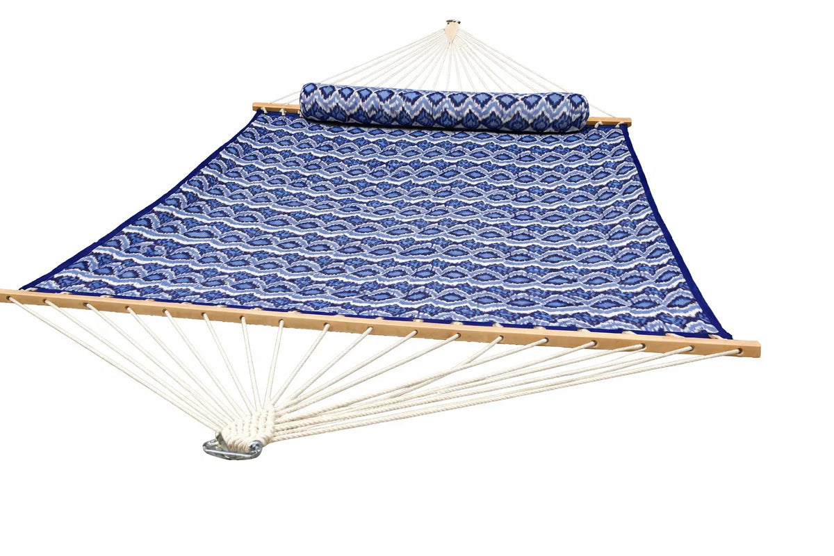 Blue patterned hammock with wooden frame on a white background  QHD-BWP