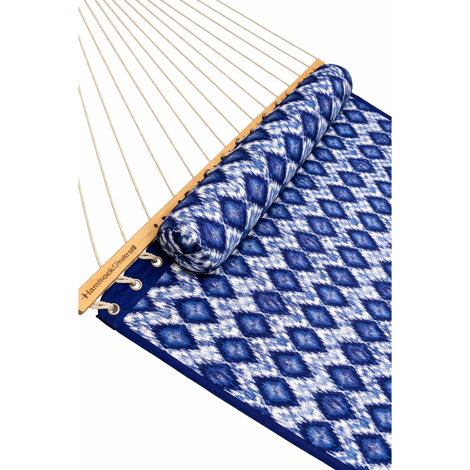 Blue and white patterned hammock on a white background  QHD-BWP+15TBSB