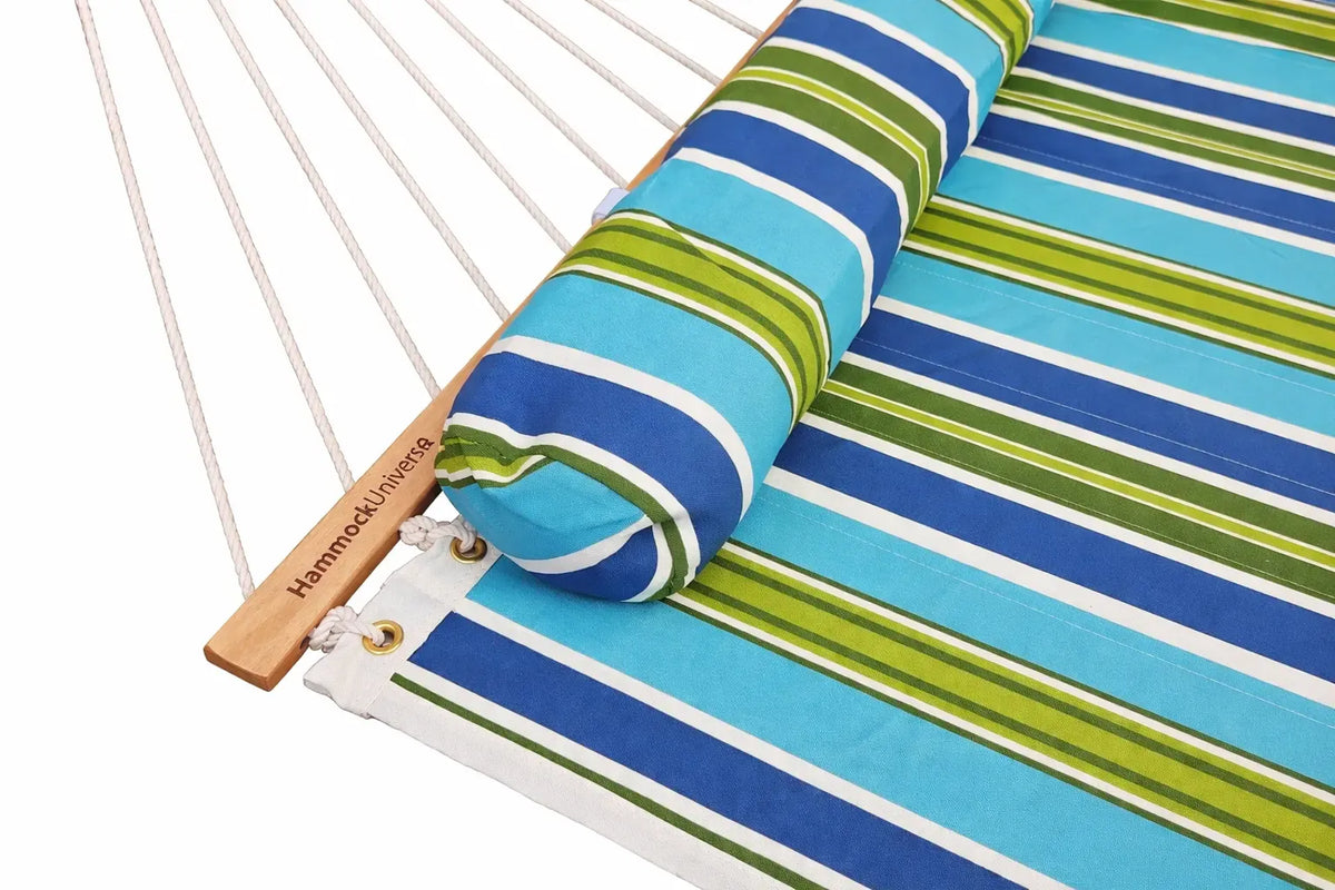 Roll of blue and green striped fabric with wooden tag on a white background   QHD-CAROLINA