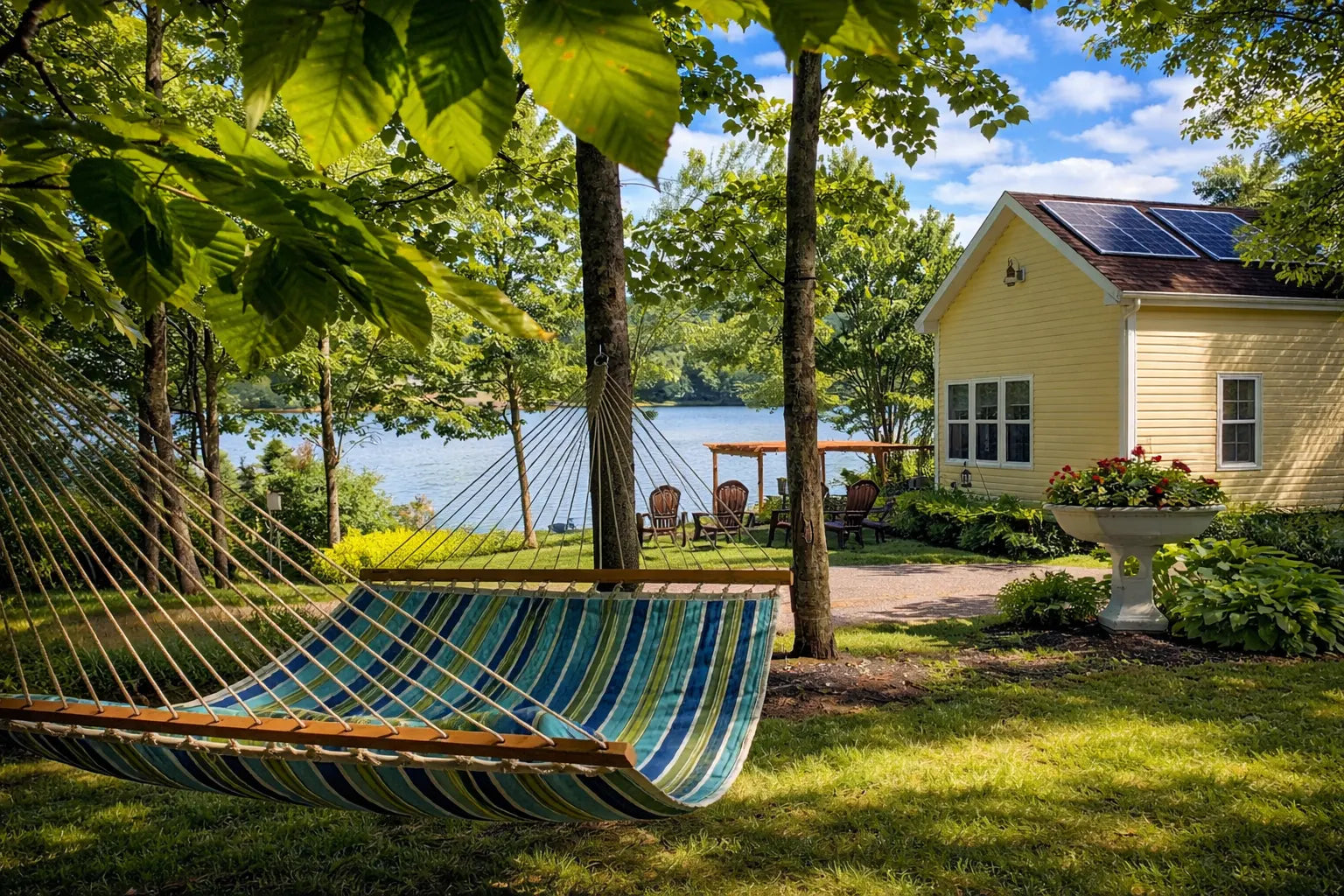 Hammock in a garden with a yellow house and lake view  QHD-CAROLINA