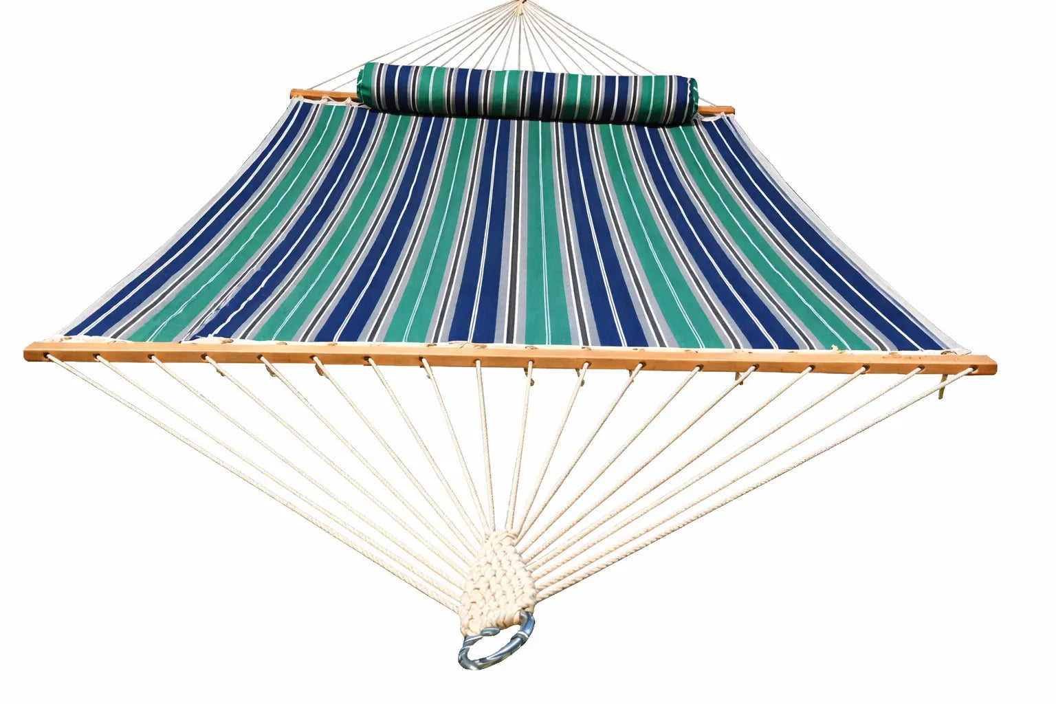 Blue and green striped hammock with wooden frame on a white background  QHD-GBGW
