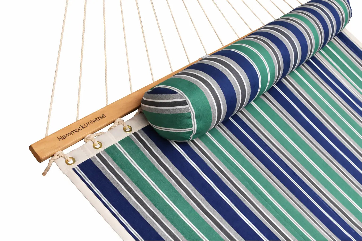 Striped hammock with wooden frame and striped pillow on a white   QHD-GBGW+15TBSBbackground