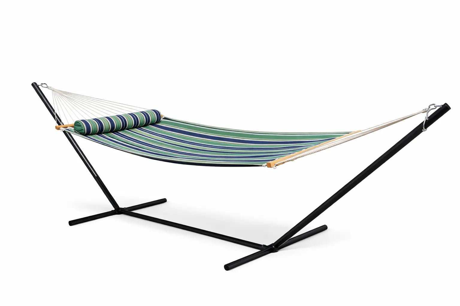 Striped hammock on a black stand against a white background  QHD-GBGW+15TBSB
