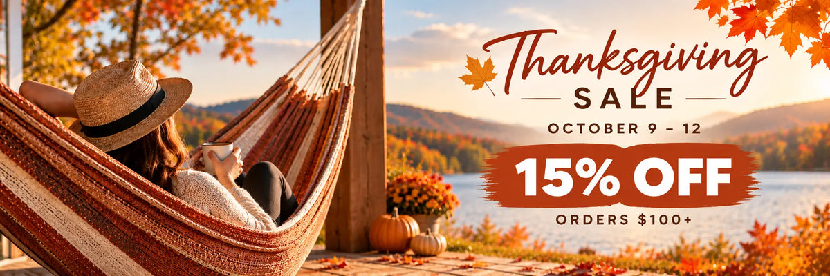 Promotional banner for a Thanksgiving Sale featuring a woman relaxing in a striped hammock by a lakeside at sunset, with autumn leaves, pumpkins, and text reading 'Thanksgiving Sale,' 'October 9 - 12,' '15% OFF,' and 'Orders $100+'.