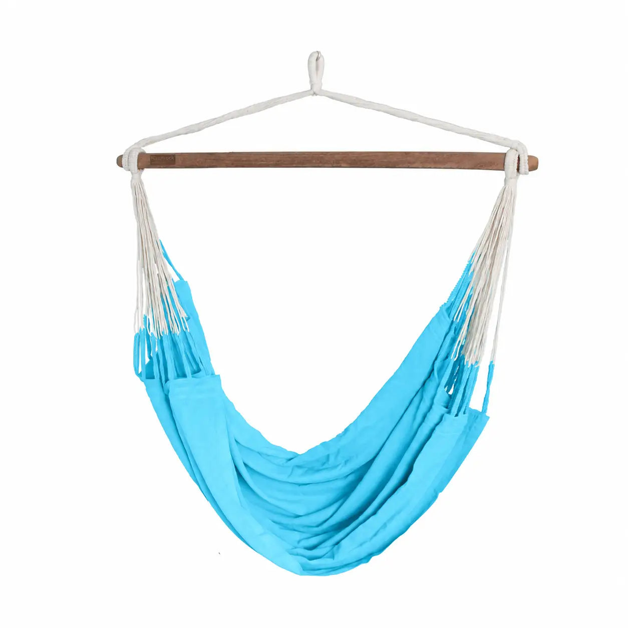 A bright blue fabric hammock with white ropes and a natural wood spreader bar, suspended against a plain white background.