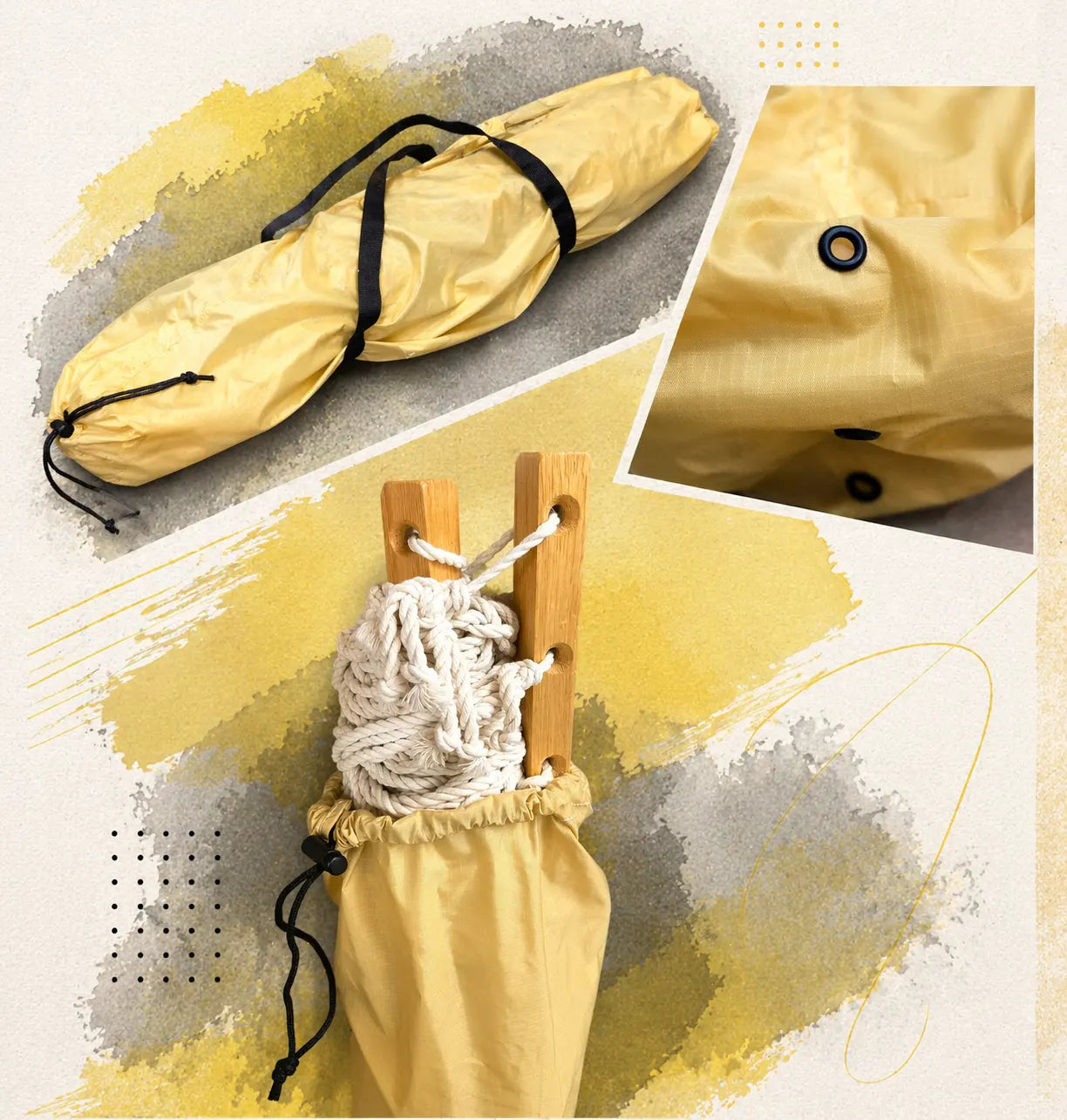 Collage of a yellow bag with a black strap, a close-up of the bag, and a wooden holder with white rope.