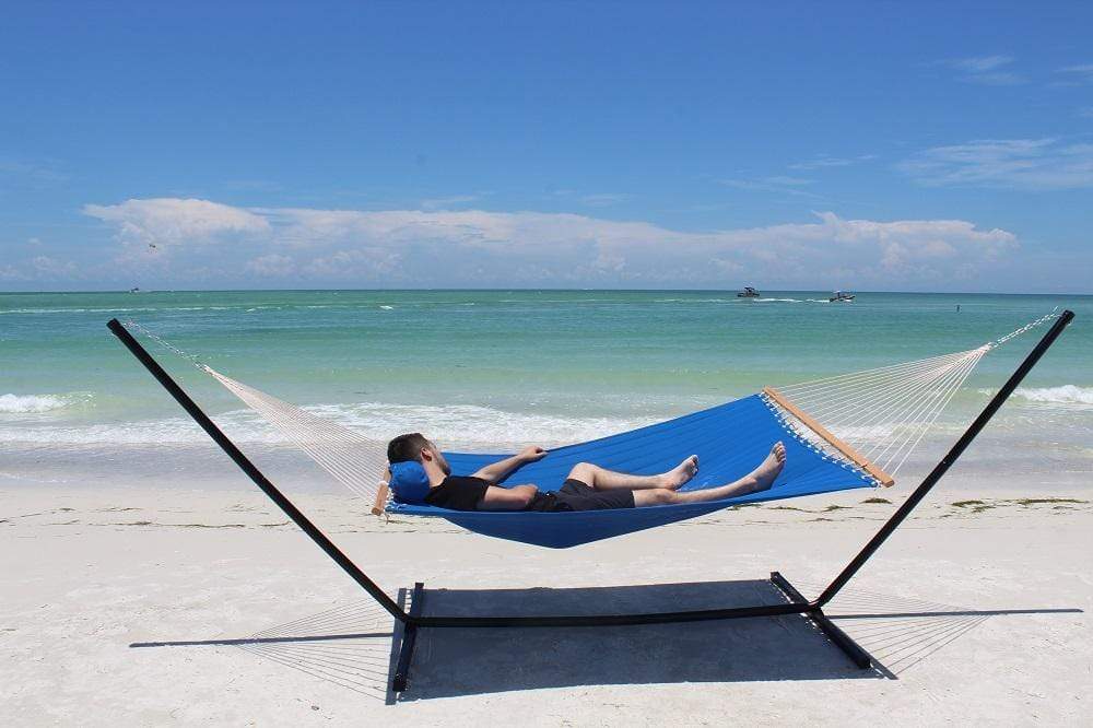 Hammock Universe Canada Olefin Double Quilted Hammock with Matching Pillow and Eco-Friendly Bamboo Stand
