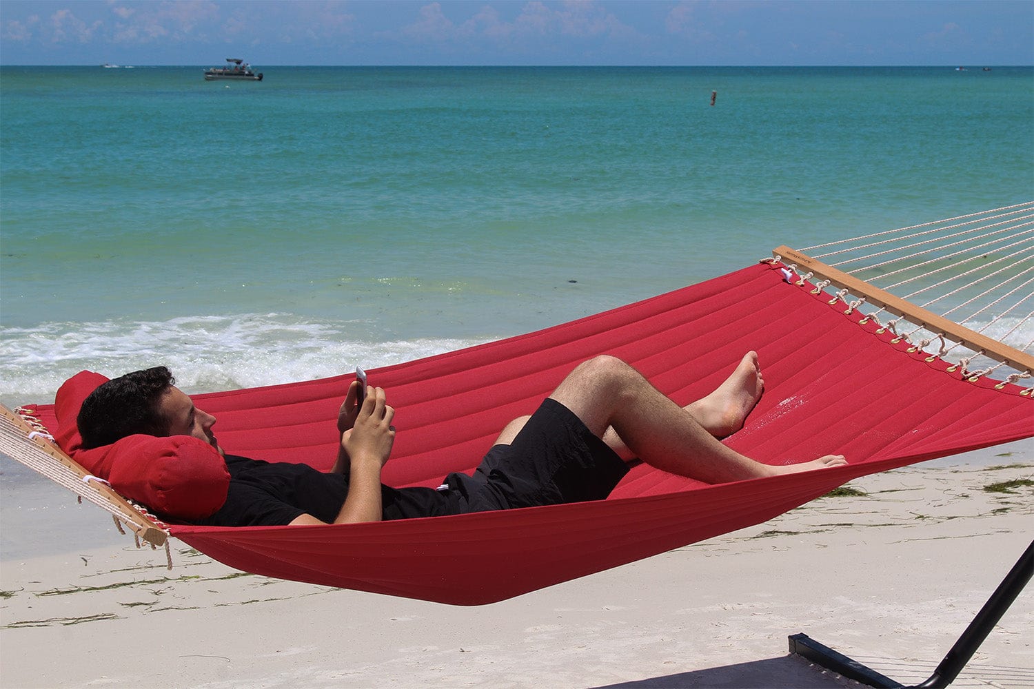 Hammock Universe Canada Olefin Double Quilted Hammock with Matching Pillow and Eco-Friendly Bamboo Stand